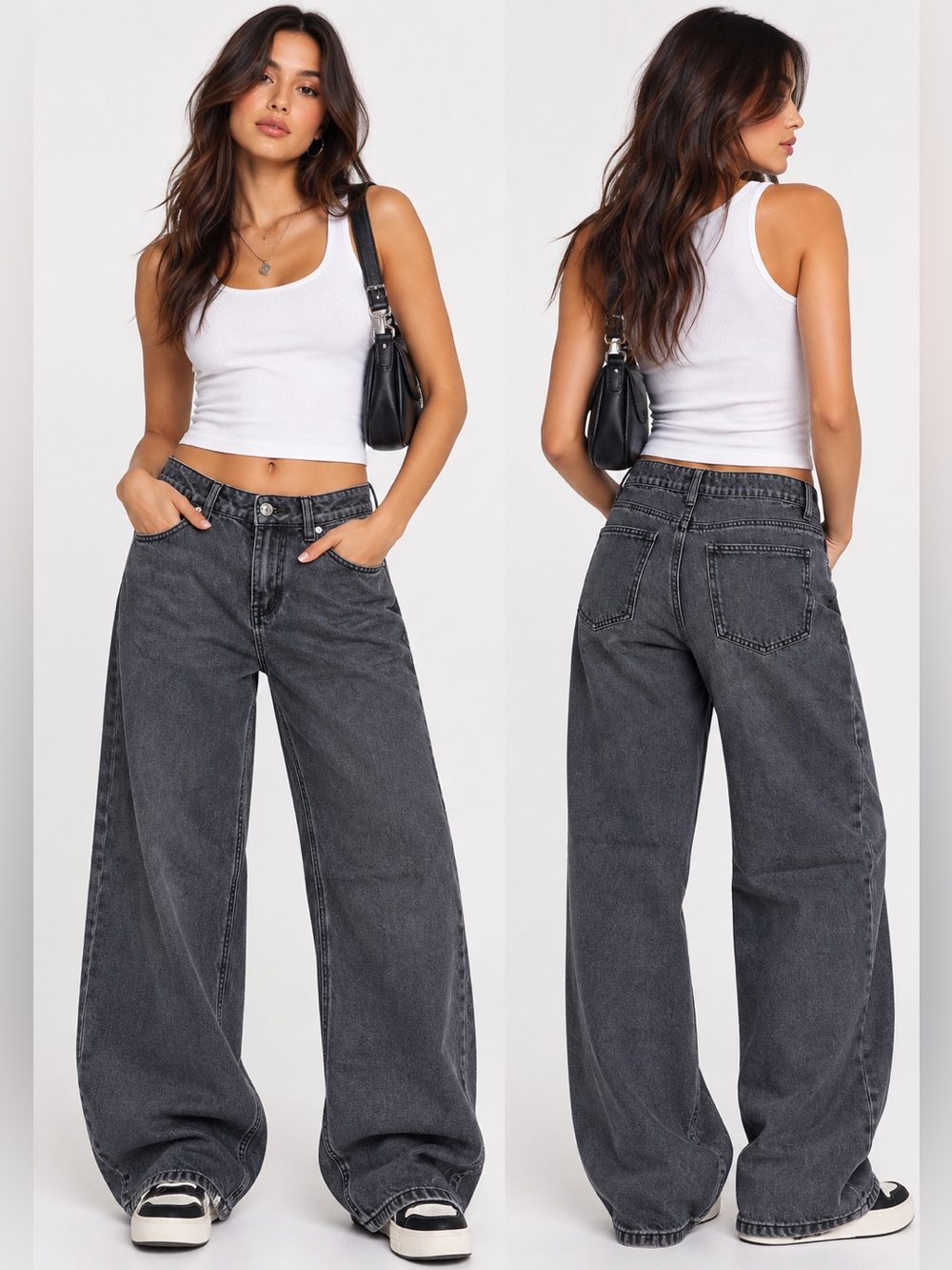 Edikted Wide Leg Black Charcoal Relaxed Y2K Denim Jeans Small